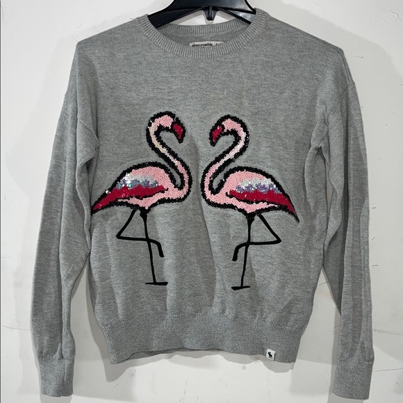 Abercrombie Kids Pink Sequin Flamingos Crewneck Sweater Size 11/12Y - Picture 3 of 11